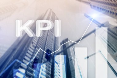 KPI - Anahtar Performans Göstergesi. İş ve teknoloji kavramı. Çoklu maruz kalma, karışık medya. Bulanık arka planda mali konsept.