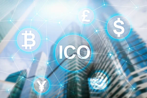 Ico Oferta Inicial Moeda Blockchain Criptomoeda Conceito Fundo Edifício Negócios — Fotografia de Stock