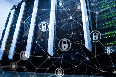 Siber güvenlik, bilgi gizliliği, modern sunucu odası arka planında veri koruma kavramı. İnternet ve dijital teknoloji kavramı