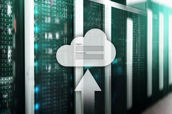 Cloud storage, data access, login and password request window on server room background. Internet and technology concept