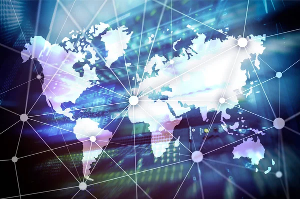 Sunucu odası arka plan üzerinde iletişim ağı ile Dünya Haritası