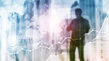 İş arka plan çift pozlama grafik, grafik ve diyagram. Dünya geniş harita ve Global iş ve finansal kavramı ticaret