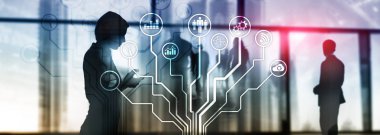 İş uygulamaları simgeleri arka plan bulanık. Finans ve ticaret. Internet teknoloji kavramı.