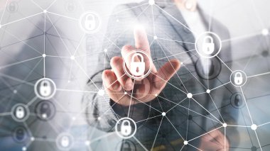 Siber güvenlik, bilgi gizliliği, modern sunucu odası arka planında veri koruma kavramı. İnternet ve dijital teknoloji kavramı.