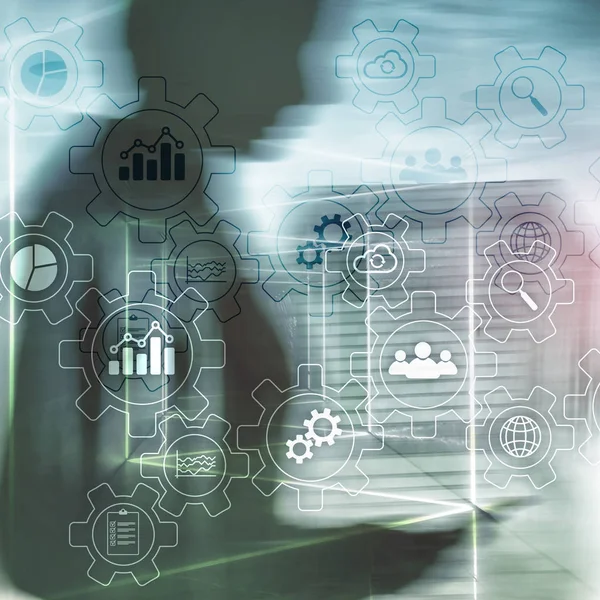 Diagrama abstrato do processo de negócios com engrenagens e ícones. Conceito de tecnologia de fluxo de trabalho e automação. — Fotografia de Stock