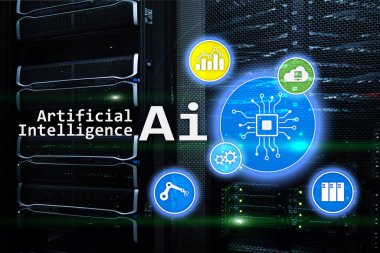 AI, yapay zeka, otomasyon ve modern bilgi teknolojisi kavramı sanal ekran üzerinde.