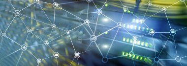 Telekomünikasyon kavramı soyut ağ yapısı ve sunucu Oda arka plan ile.