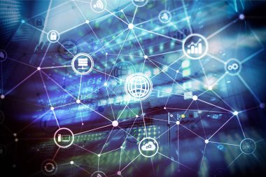 ICT - bilgi ve telekomünikasyon teknolojisi ve çok - Internet şeyler kavramları. Sunucu odası arka simgeleri ile diyagramları