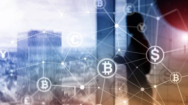 Çift Pozlama kavramı, Bitcoin ve blockchain. Dijital Ekonomi ve ticaret para.