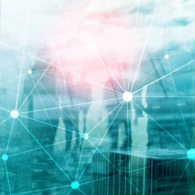 Bulanık gökdelenlerin arkaplanındaki engelleme ağı. Finansal teknoloji ve iletişim konsepti.