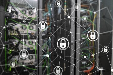 Siber güvenlik, bilgi gizliliği, modern sunucu odası arka planında veri koruma kavramı. İnternet ve dijital teknoloji kavramı.