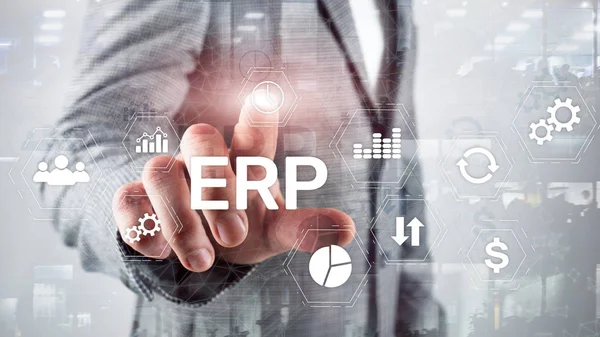 ERP-systeem, Enterprise resource planning op vage achtergrond. Bedrijfsautomatisering en innovatie. — Stockfoto