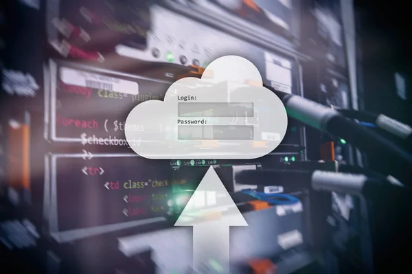 Cloud lagring, dataåtkomst, login och lösenord definitionsfönstret på server rum bakgrund. Internet och teknik koncept. — Stockfoto