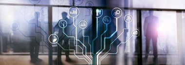 İş uygulamaları simgeleri arka plan bulanık. Finans ve ticaret. Internet teknoloji kavramı.