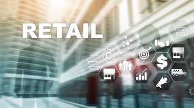 Perakende Teknoloji İletişim Alışveriş Sanal Ekran Kavramı. Pazarlama veri yönetimi. Futuristic Online alışveriş. Soyut Arkaplan.