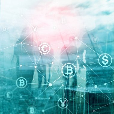 Çift Pozlama kavramı, Bitcoin ve blockchain. Dijital Ekonomi ve ticaret para.