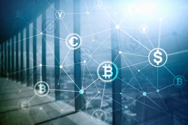 Çift Pozlama kavramı, Bitcoin ve blockchain. Dijital Ekonomi ve ticaret para.