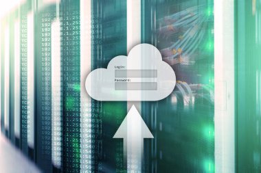 Bulut depolama, veri erişimi, Kullanıcı adı ve şifre talebi penceresini sunucu Oda arka plan üzerinde. Internet ve teknoloji kavramı.