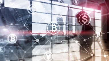 Çift Pozlama kavramı, Bitcoin ve blockchain. Dijital Ekonomi ve ticaret para.