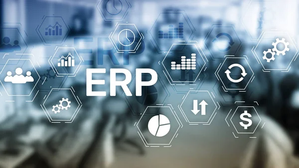 Sistema ERP, Planificación de recursos empresariales sobre fondo borroso. Concepto de automatización e innovación empresarial. —  Fotos de Stock