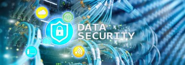 Veri güvenliği, siber suç önleme, dijital bilgi koruma. Kilit kutsal kişilerin resmi ve sunucu Oda arka plan.