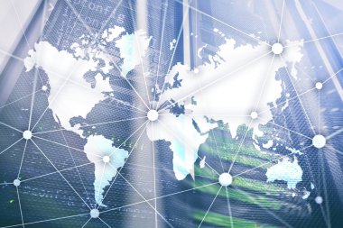 Sunucu odası arka plan üzerinde iletişim ağı ile Dünya Haritası