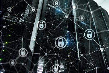 Siber güvenlik, bilgi gizliliği, modern sunucu odası arka planında veri koruma kavramı. İnternet ve dijital teknoloji kavramı
