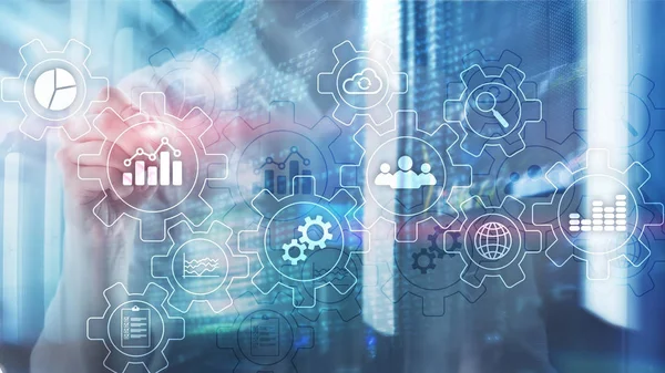 Proceso de negocio diagrama abstracto con engranajes e iconos. Concepto de tecnología de flujo de trabajo y automatización —  Fotos de Stock