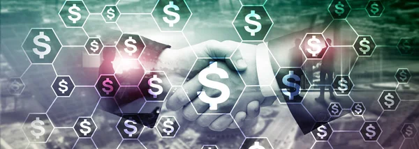 Dollar-Symbole, Geld-Netzwerk-Struktur. Ico, Handel und Investitionen. Crowdfunding — Stockfoto