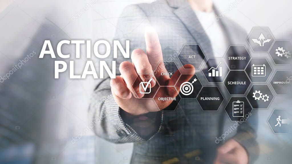 Action Plan Strategy Planning Vision Direction. Financial concept on blurred background