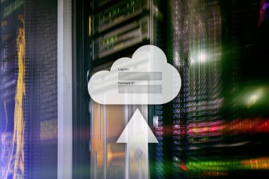 Bulut depolama, veri erişimi, Kullanıcı adı ve şifre talebi penceresini sunucu Oda arka plan üzerinde. Internet ve teknoloji kavramı