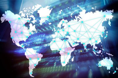 Dünya harita sunucu Oda arka plan üzerinde Internet ve telekomünikasyon konseptiyle