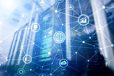 ICT - bilgi ve telekomünikasyon teknolojisi ve çok - Internet şeyler kavramları. Sunucu odası arka simgeleri ile diyagramları