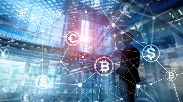 Double Exposure Bitcoin und Blockchain-Konzept. digitale Wirtschaft und Devisenhandel. — Stockfoto