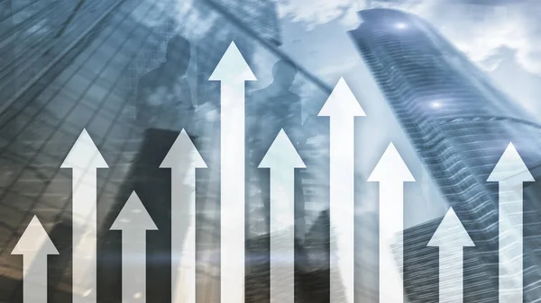 Up arrow graph on skyscraper background. Invesment and financial growth concept.