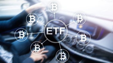 Bitcoin Etf cryptocurrency ticaret ve yatırım kavramı çift pozlama zemin üzerine.