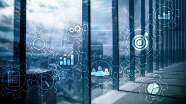 İş süreci otomasyonu kavramı. Dişliler ve arka plan üzerinde simgeler.