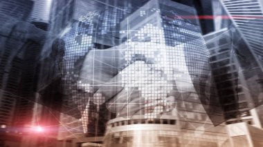 3D Dünya hologram üzerinde arka plan bulanık. Küresel iş ve iletişim kavramı.