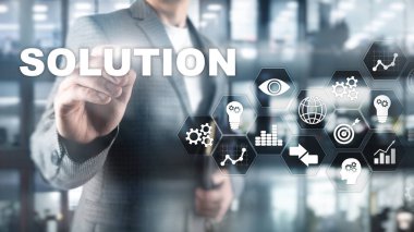 İş çözümleri, başarı ve strateji kavramı. Çözümlerle birlikte iş sürecinin sanal diyagramının yapılandırılması