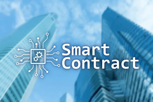 Smart contract, blockchain technology in business, finance hi-tech concept. Skyscrapers background. — Stock Photo, Image