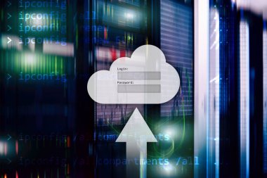 Bulut depolama, veri erişimi, Kullanıcı adı ve şifre talebi penceresini sunucu Oda arka plan üzerinde. Internet ve teknoloji kavramı