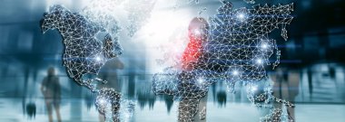 Küresel Dünya Double Exposure ağ. Telekomünikasyon, uluslararası iş Internet ve teknoloji kavramı.