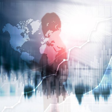 İş arka plan çift pozlama grafik, grafik ve diyagram. Dünya geniş harita ve Global iş ve finansal kavramı ticaret.