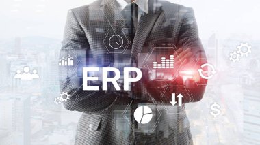 ERP sistemi, bulanık arka planda Atılgan kaynak planlaması. İş otomasyonu ve yenilik kavramı.