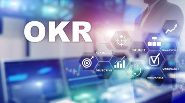 OKR - nesnel anahtar sonuç kavramı. Sanal bir ekranda karışık ortam. Proje yönetimi