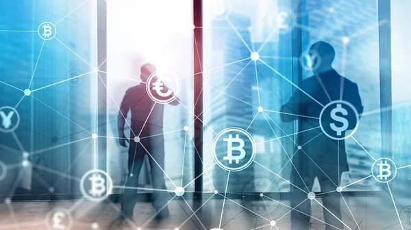 Double exposure Bitcoin and blockchain concept. Digital economy and currency trading — Stock Photo, Image