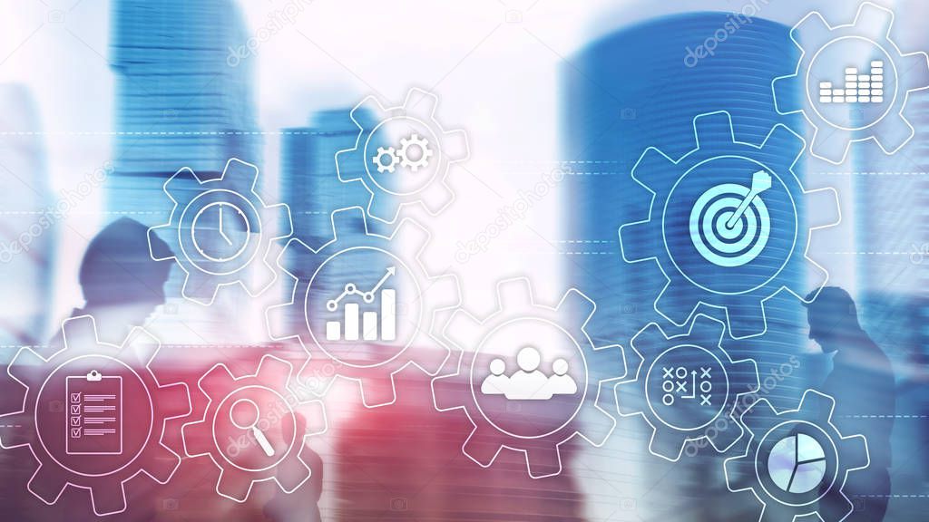 Business process automation concept. Gears and icons on abstract background