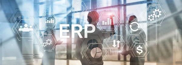 ERP 시스템, 엔터 프라이즈 리소스 계획 이 희미 한 배경에 있습니다. 비즈니스 자동화와 혁신 개념. — 스톡 사진
