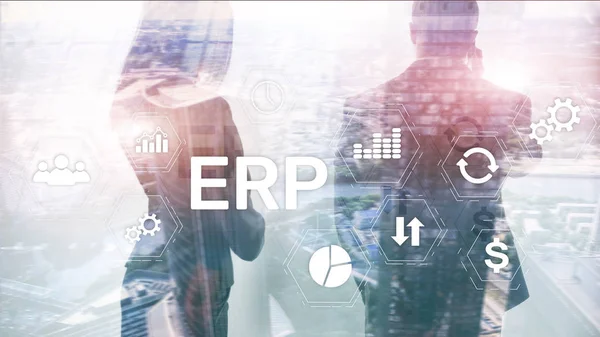 ERP 시스템, 엔터 프라이즈 리소스 계획 이 희미 한 배경에 있습니다. 비즈니스 자동화와 혁신 개념. — 스톡 사진