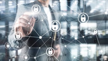 Siber güvenlik, bilgi gizliliği, modern sunucu odası arka planında veri koruma kavramı. İnternet ve dijital teknoloji kavramı